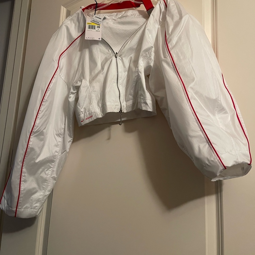 Jacquemus Women's White Bomber Jacket with Red Trim